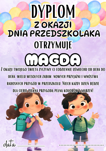 Dzień Przedszkolaka - Dyplom wzór 1 z możliwością edycji tekstu