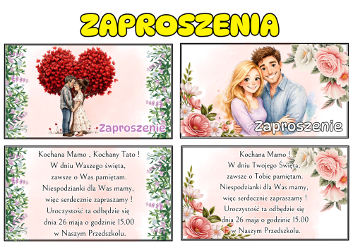  Zaproszenia z Możliwością Edycji Tekstu ( wzór 1 ) - Dzień Mamy i Taty/ Dzień Rodziny  