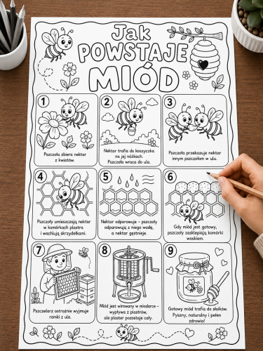 Jak Powstaje Miód ? - Wklejka / Kolorowanka A4   (wzór 4 )  - Dzień Pszczoły  