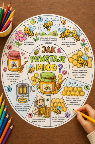 Jak Powstaje Miód ? - Koło Wklejka / Kolorowanka A4   (wzór 6 )  Dzień Pszczoły 