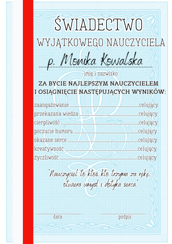 Świadectwo Dla Nauczyciela ( Z Możliwością Edycji ) - Zakończenie Roku