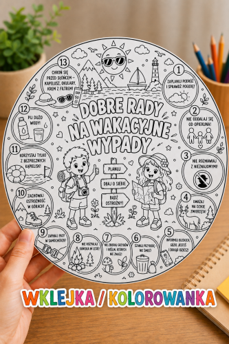 Dobre Rady Na Wakacyjne Wypady - Okrągła Wklejka / Kolorowanka - Lato / Bezpieczne Wakacje