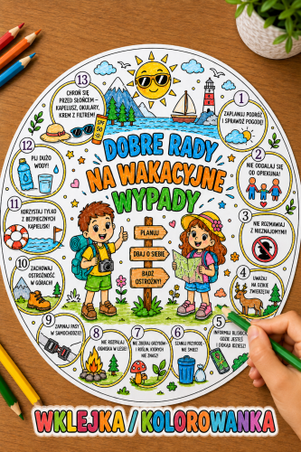 Dobre Rady Na Wakacyjne Wypady - Okrągła Wklejka / Kolorowanka - Lato / Bezpieczne Wakacje