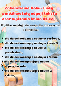 Zakończenie Roku -  Listy Pożegnalne z możliwością edycji tekstu 